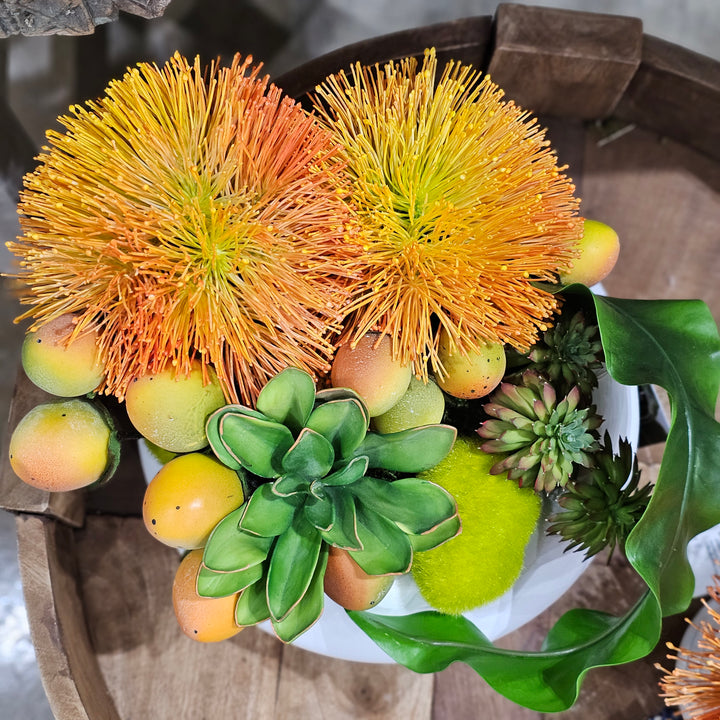 Sea Urchin with Fruit and Succulents in Matte Ceramic Bowl. FH: 11"H