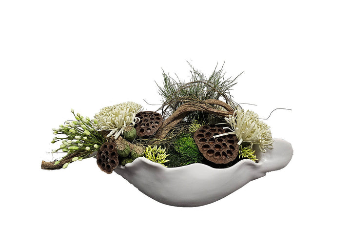 Allium, Foam Flowers, Lotus Pods, Natural Vine and Moss in Container 12"H