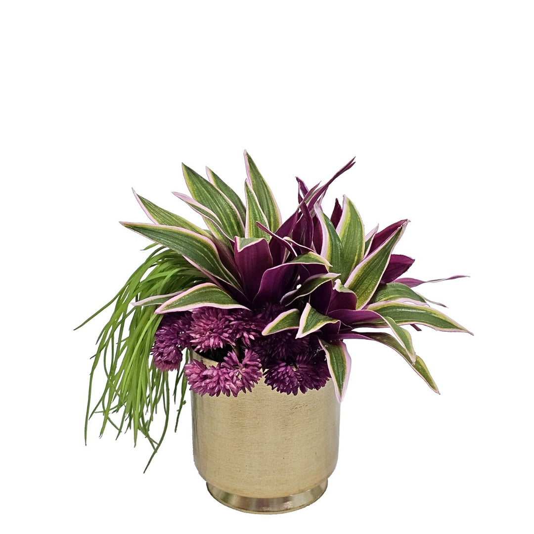 Violet Tradescantia with Grass and Sedum in Brushed Gold.  7"H