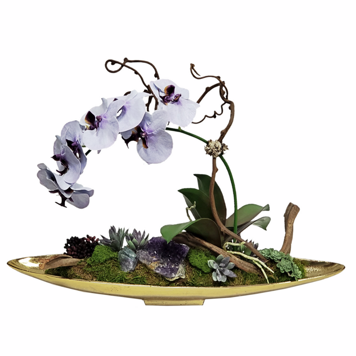 Phalaenopsis Orchid with Amethyst and Fluorite Crystals and Sedum in Boat FD: 17"H