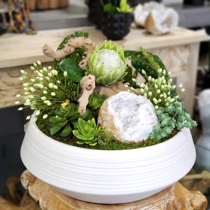 Queen Protea, Agapanthus, Geode, Grapewood, Leaves and Succulents in Ceramic. 15"H