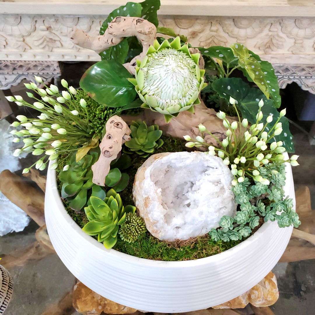 Queen Protea, Agapanthus, Geode, Grapewood, Leaves and Succulents in Ceramic. 15"H