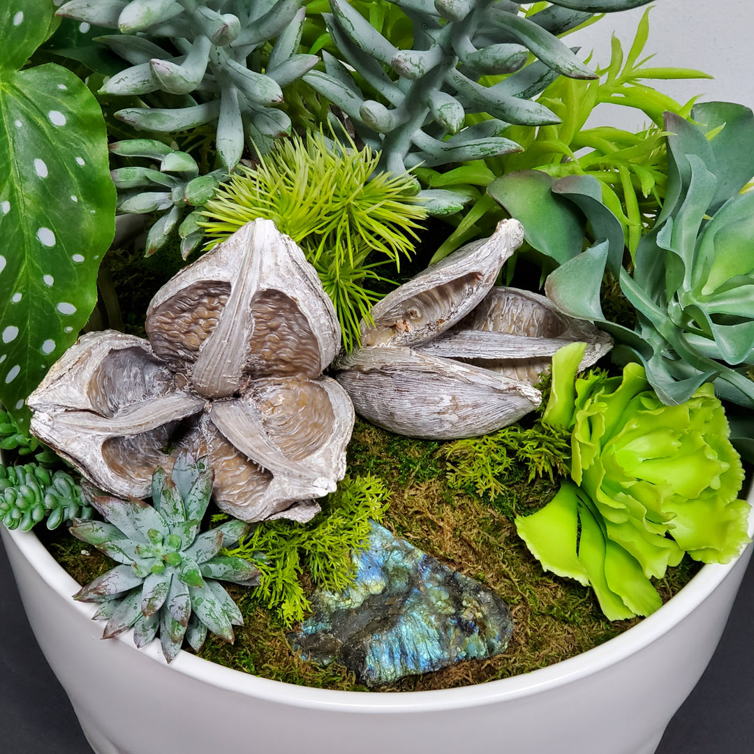 Mixed Succulents, Soro Pods and Labradorite Stone in Ceramic 22"H