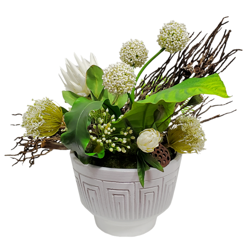 Queen Protea, Allium, Agapanthus, Coco Jhar, Palm, Tropical Leaf and Lotus Pods in Ceramic 29"H