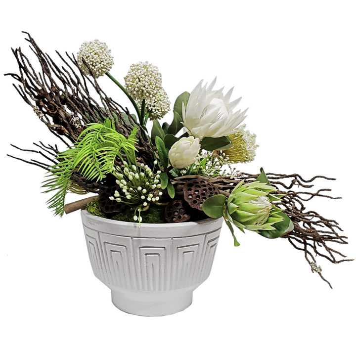 Queen Protea, Allium, Agapanthus, Coco Jhar, Palm, Tropical Leaf and Lotus Pods in Ceramic 29"H