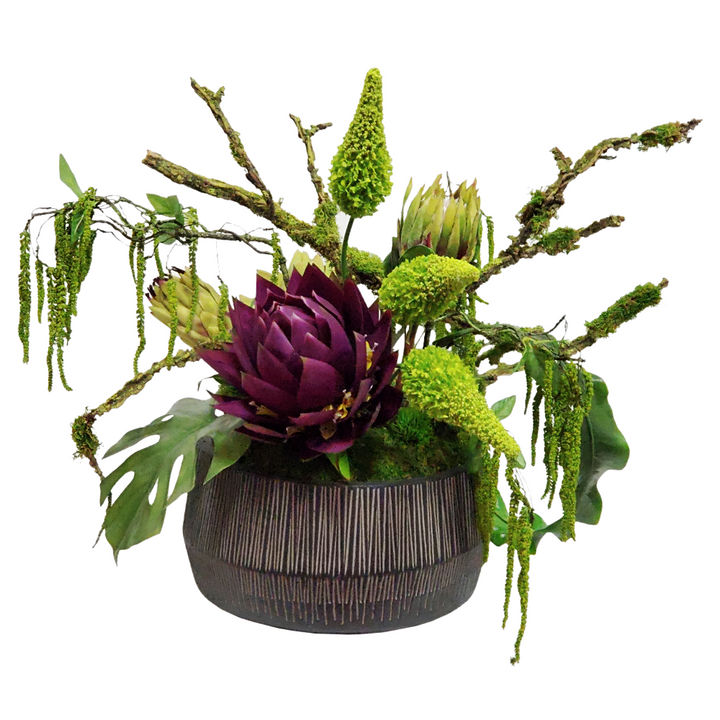 Protea, Eremurus, Hanging Amaranthus, Aloe, Leaves and Mossing Branches in Bowl 26"H