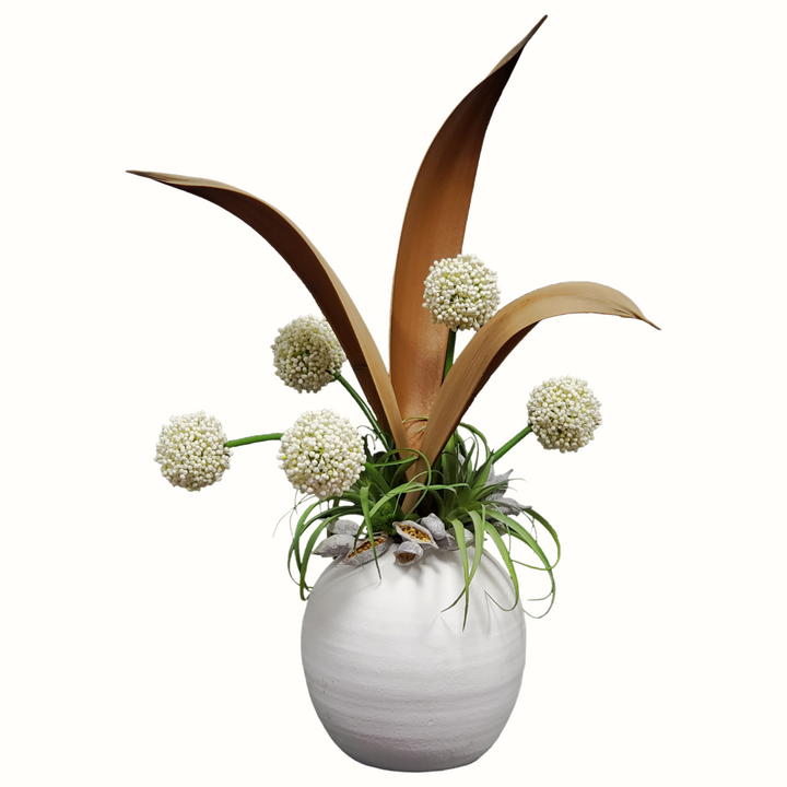 Dried Palm Boats, Allium, Tillandsia and Dried Pods in Vase FD: 36"H