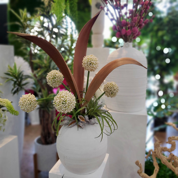 Dried Palm Boats, Allium, Tillandsia and Dried Pods in Vase FD: 36"H