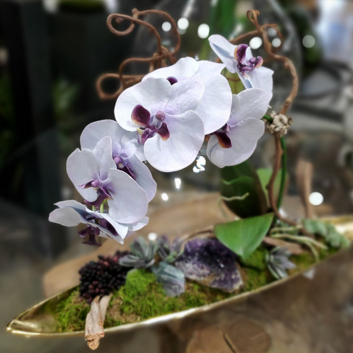 Phalaenopsis Orchid with Amethyst and Fluorite Crystals and Sedum in Boat FD: 17"H