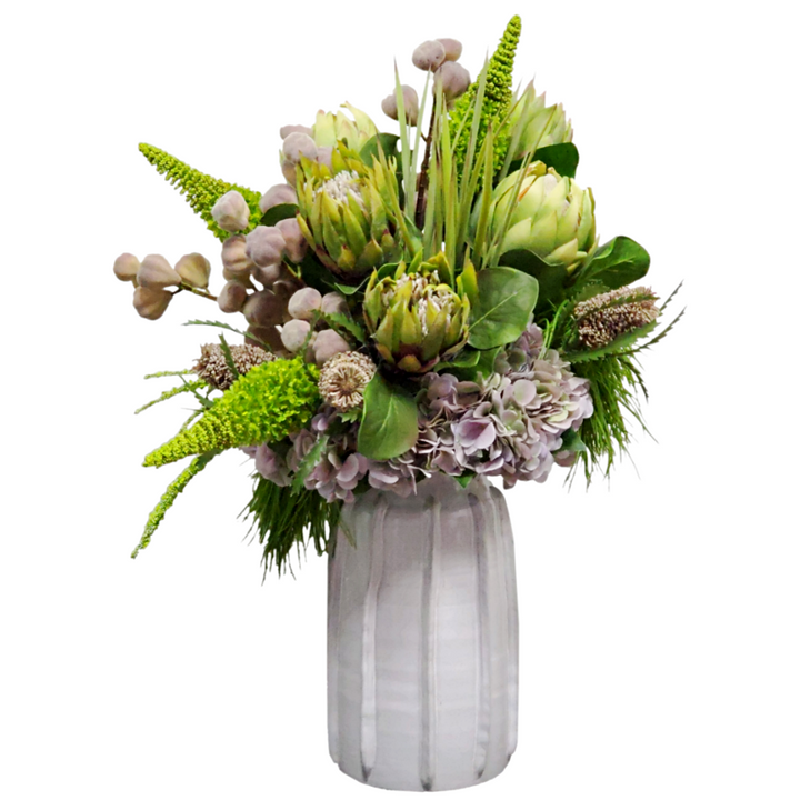 Queen Protea, Eremurus, Banksia, Hydrangea, Fig Stems and Grass in Ceramic FD: 32"H