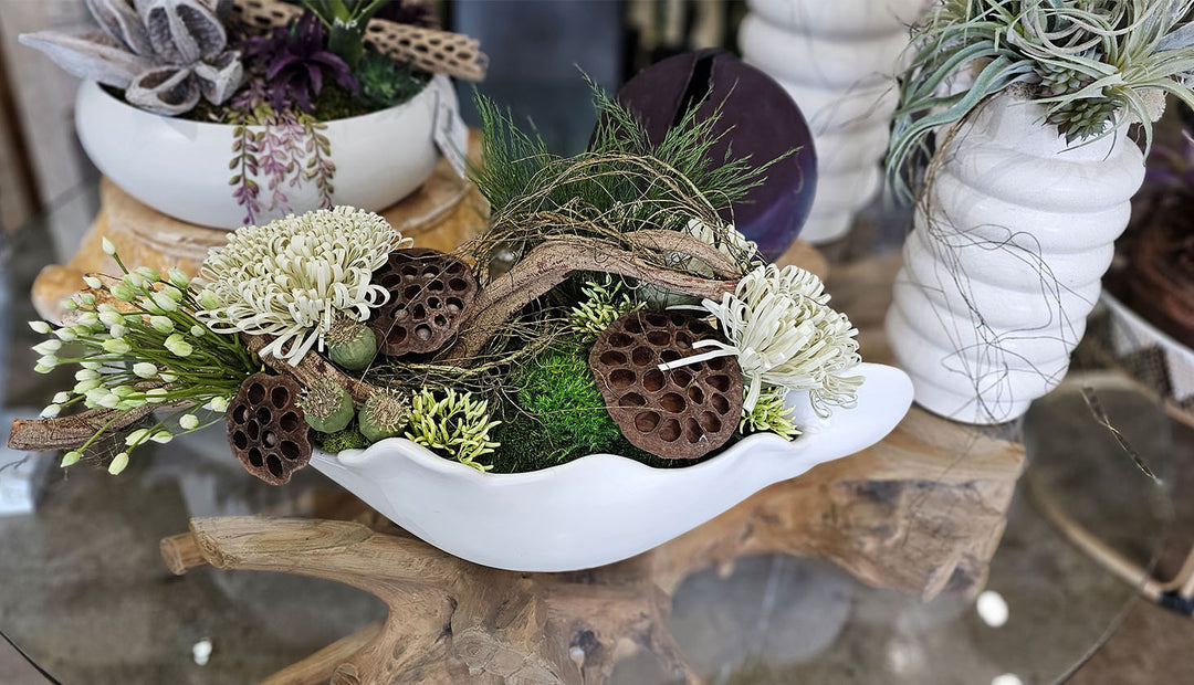 Allium, Foam Flowers, Lotus Pods, Natural Vine and Moss in Container 12"H