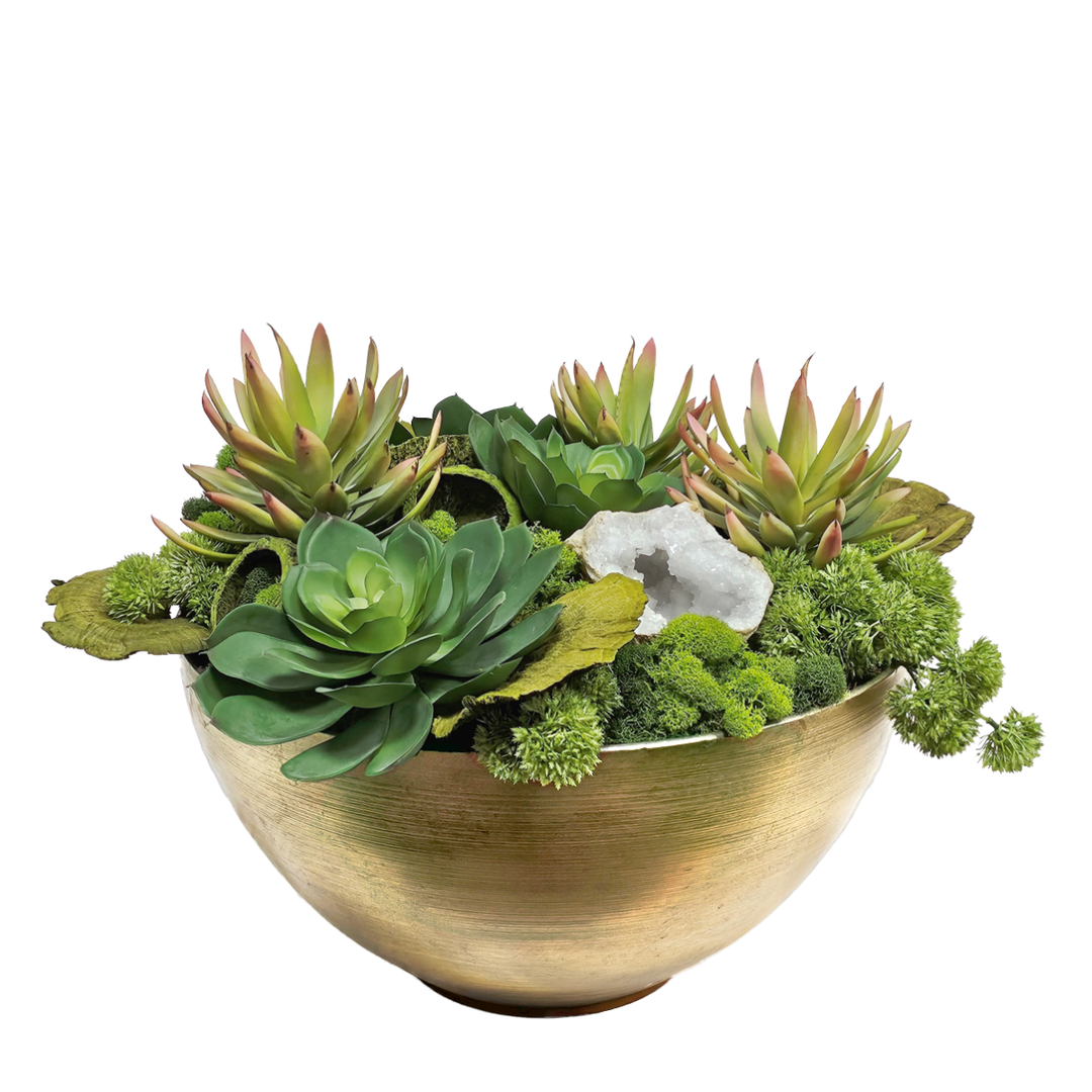 Succulents, Mixed Mosses, Mushrooms and Geode in Bowl FH: 18"