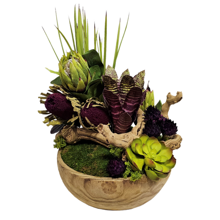 Queen Protea, Dried Banksia, Artichokes, Succulents and Moss in Bowl FH: 24"H