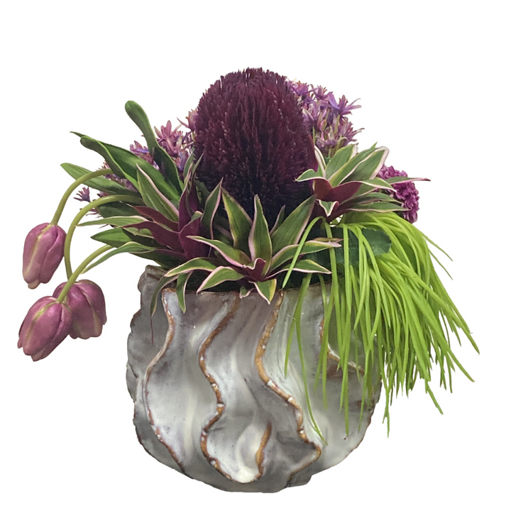 Protea, Allium, Tulips and Succulents in a Ceramic FH: 12"