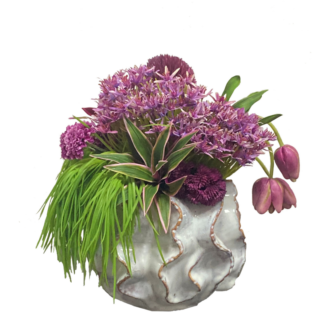 Protea, Allium, Tulips and Succulents in a Ceramic FH: 12"