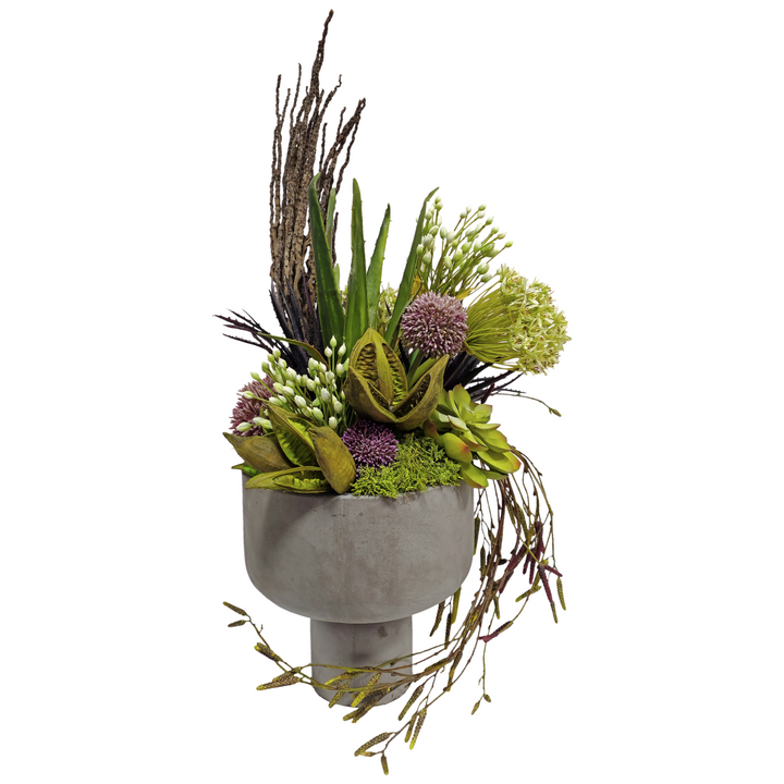 Allium, Agapanthus, Aloe, Succulents, Sora Pods, Hanging Vine, and Coco Jhar in Bowl. FH: 31"H