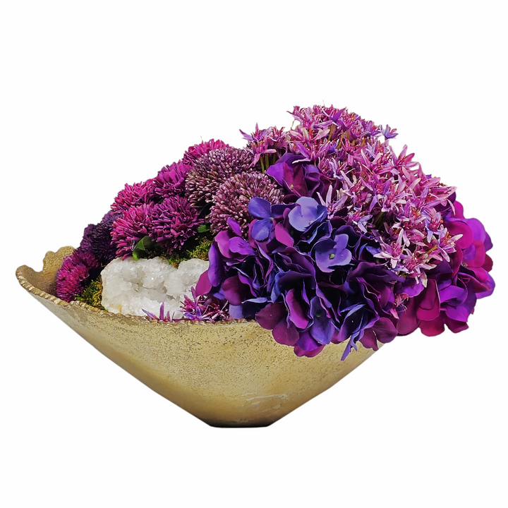 Geode, Hydrangeas, Allium, Clover and Viburnum in Bowl FH: 9.5"