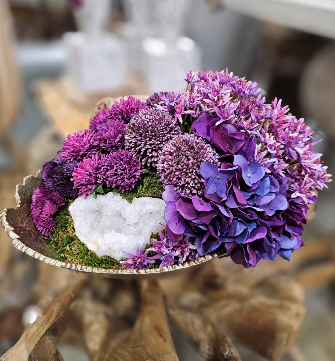 Geode, Hydrangeas, Allium, Clover and Viburnum in Bowl FH: 9.5"