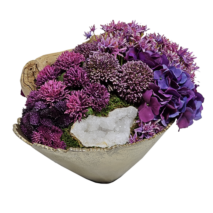 Geode, Hydrangeas, Allium, Clover and Viburnum in Bowl FH: 9.5"