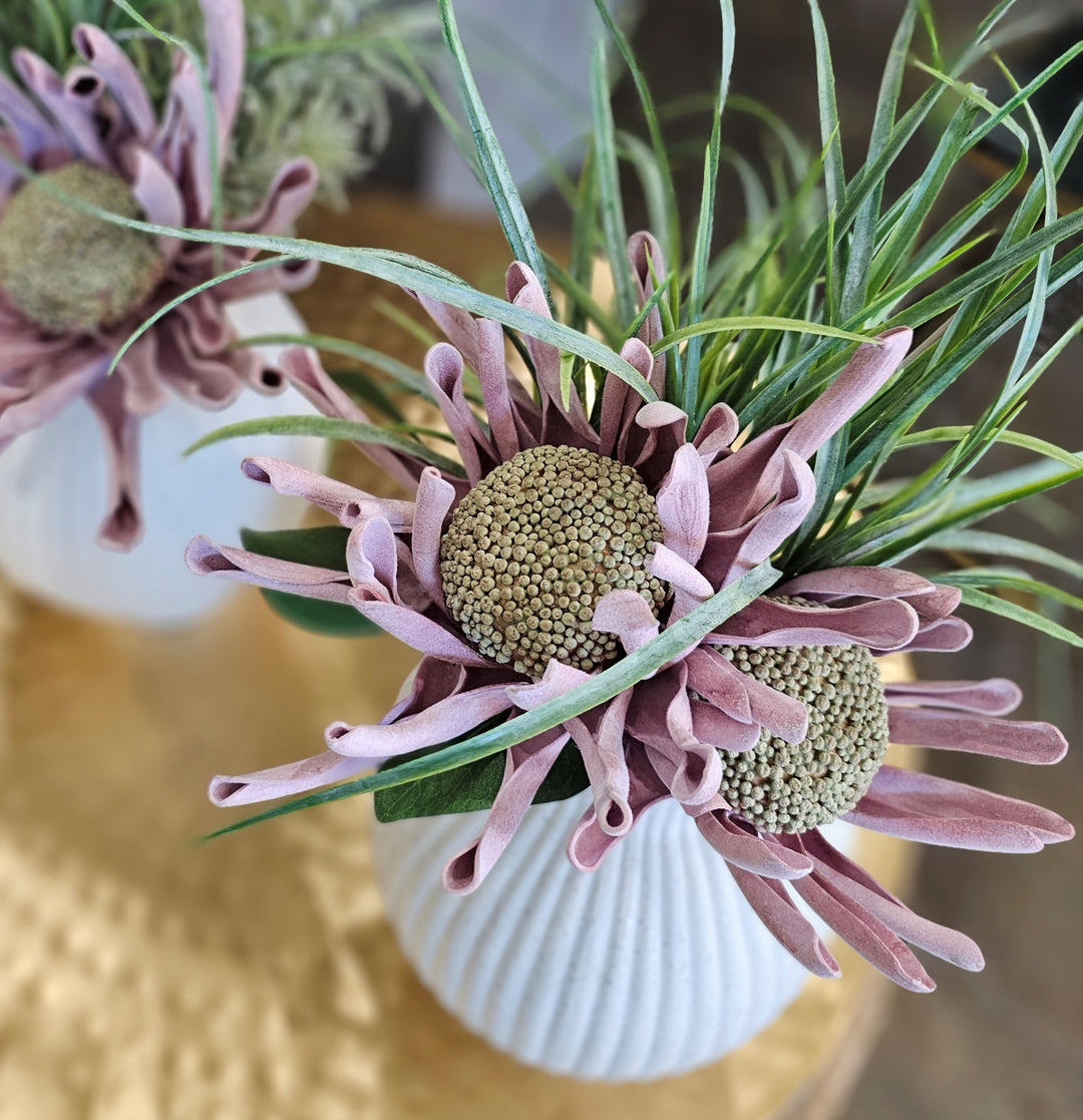 Foam Flower with Grass and Succulent in Ribbed Ceramic FH: 20"