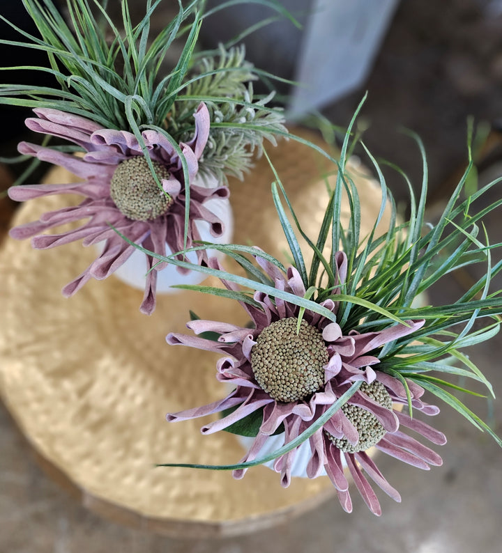 Foam Flower with Grass and Succulent in Ribbed Ceramic FH: 20"