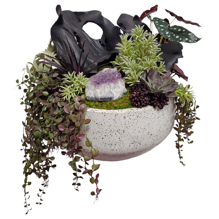 Carved Wood Fragment, Amethyst Crystal, Begonia, Tillandsia, Aloe and Succulents in Bowl FH: 25"