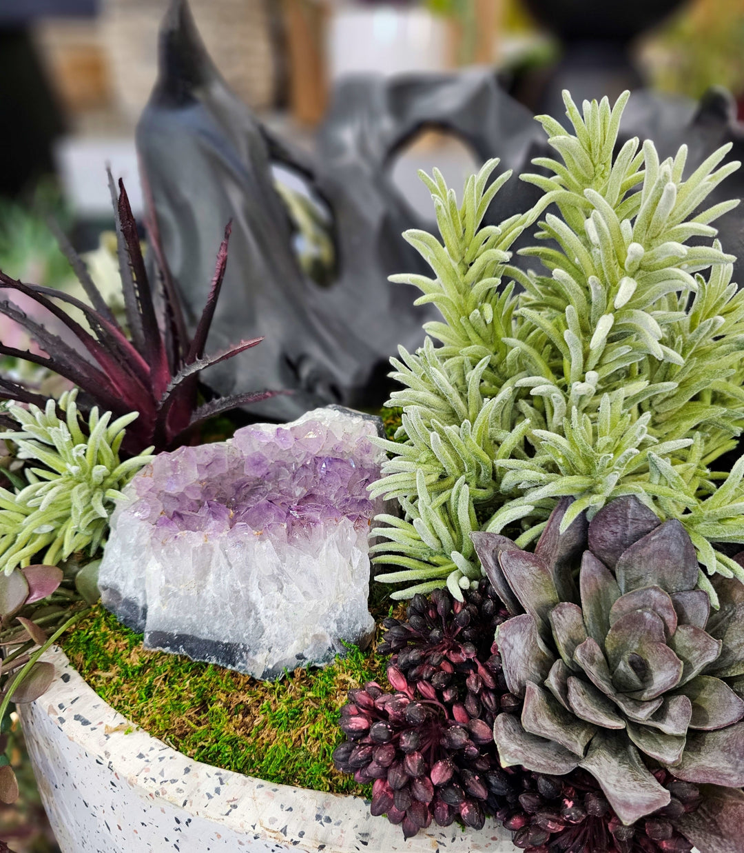 Carved Wood Fragment, Amethyst Crystal, Begonia, Tillandsia, Aloe and Succulents in Bowl FH: 25"