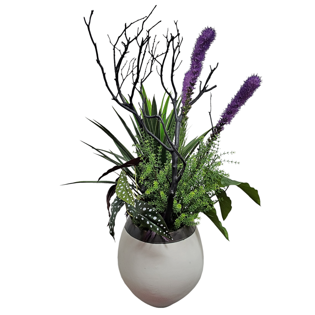 Liatris Flowers, Begonia, Yucca Plant, Manzanita Branch, Bush and Leaves in Ceramic FH: 45"