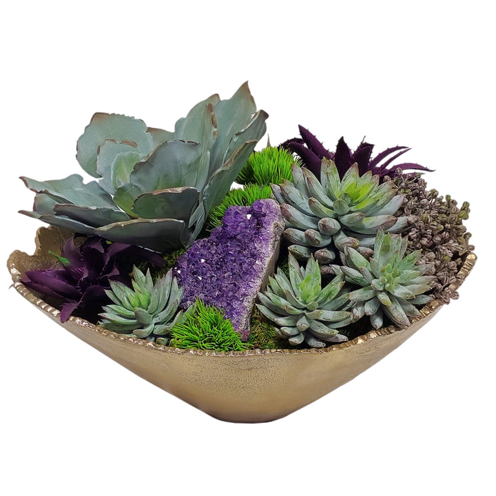 Succulents and Amethyst in Bowl FH: 9"