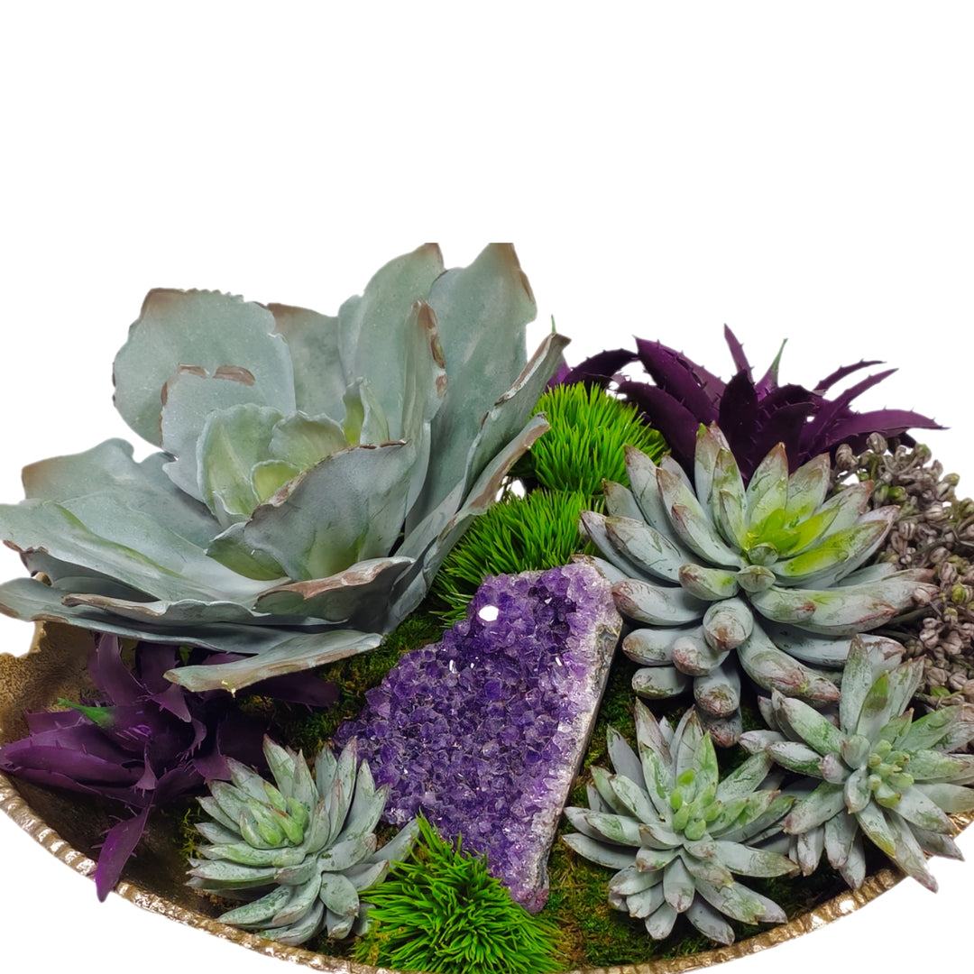 Succulents and Amethyst in Bowl FH: 9"