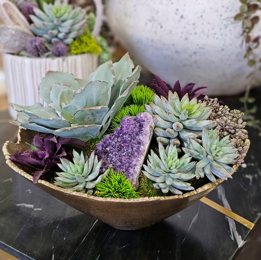 Succulents and Amethyst in Bowl FH: 9"