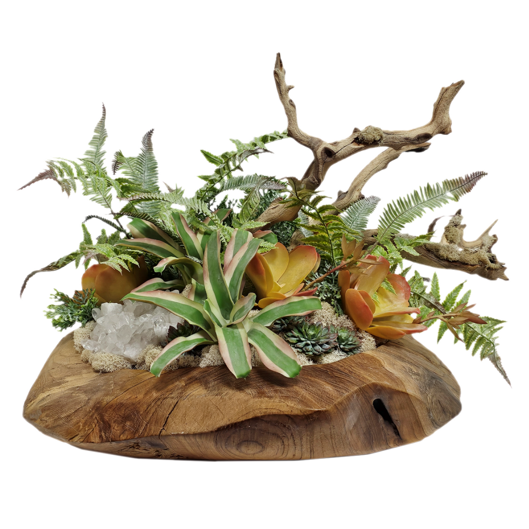 Crystal, Succulents and Ghostwood in Bowl. FH: 16"