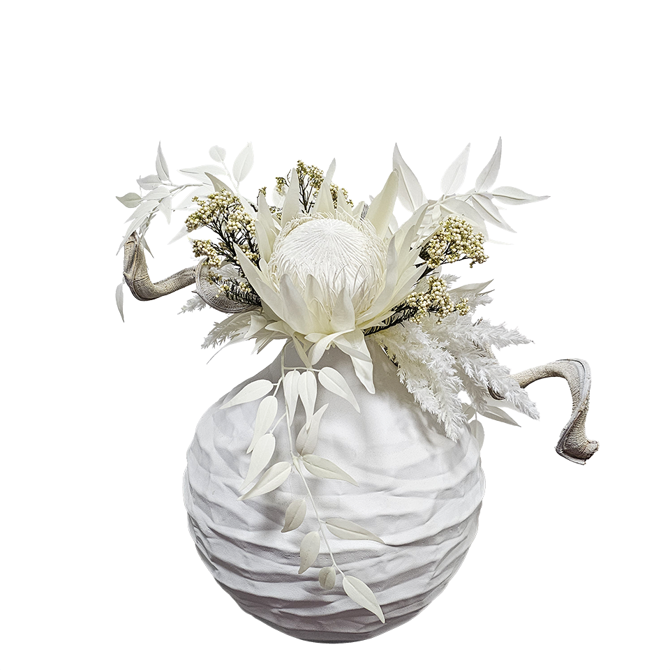 King Protea, Italian Ruscus, Pampus Grass, Dried Rice Flower with Sora Pod and Twisted Vine in Crinkle Metal Container. 22"H