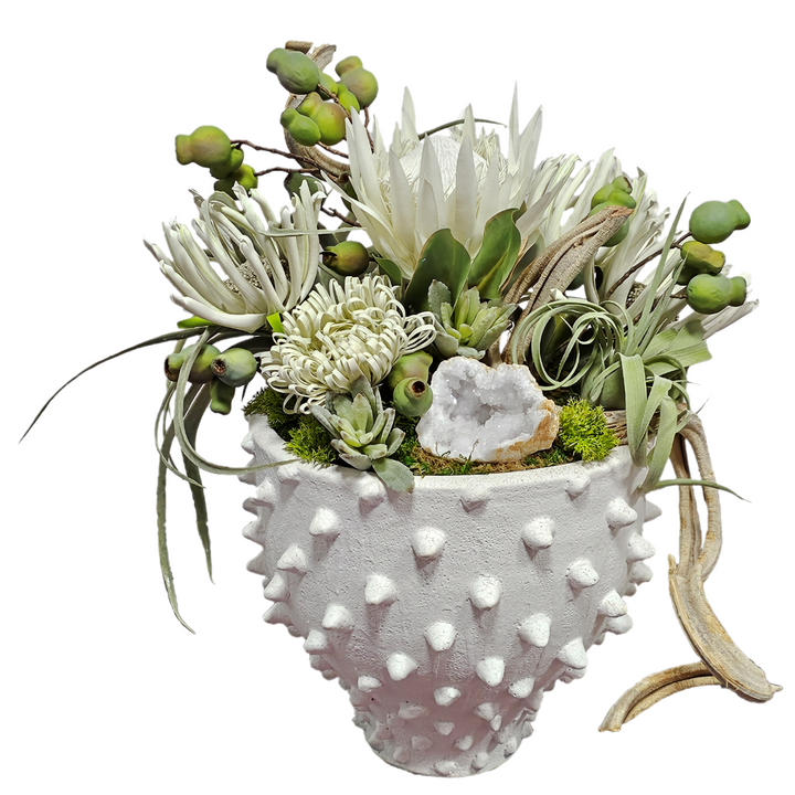 Protea, Agave, and Perennials with Crystal in Textured Vase.  FH: 23"