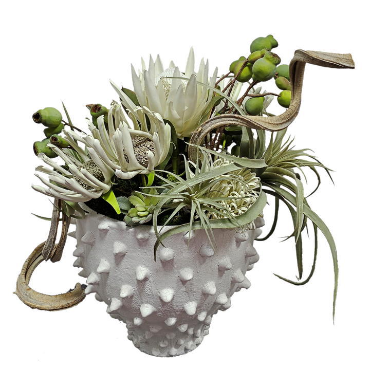 Protea, Agave, and Perennials with Crystal in Textured Vase.  FH: 23"