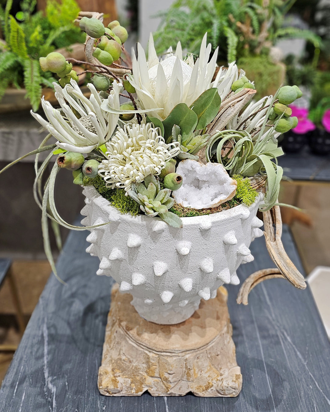 Protea, Agave, and Perennials with Crystal in Textured Vase.  FH: 23"