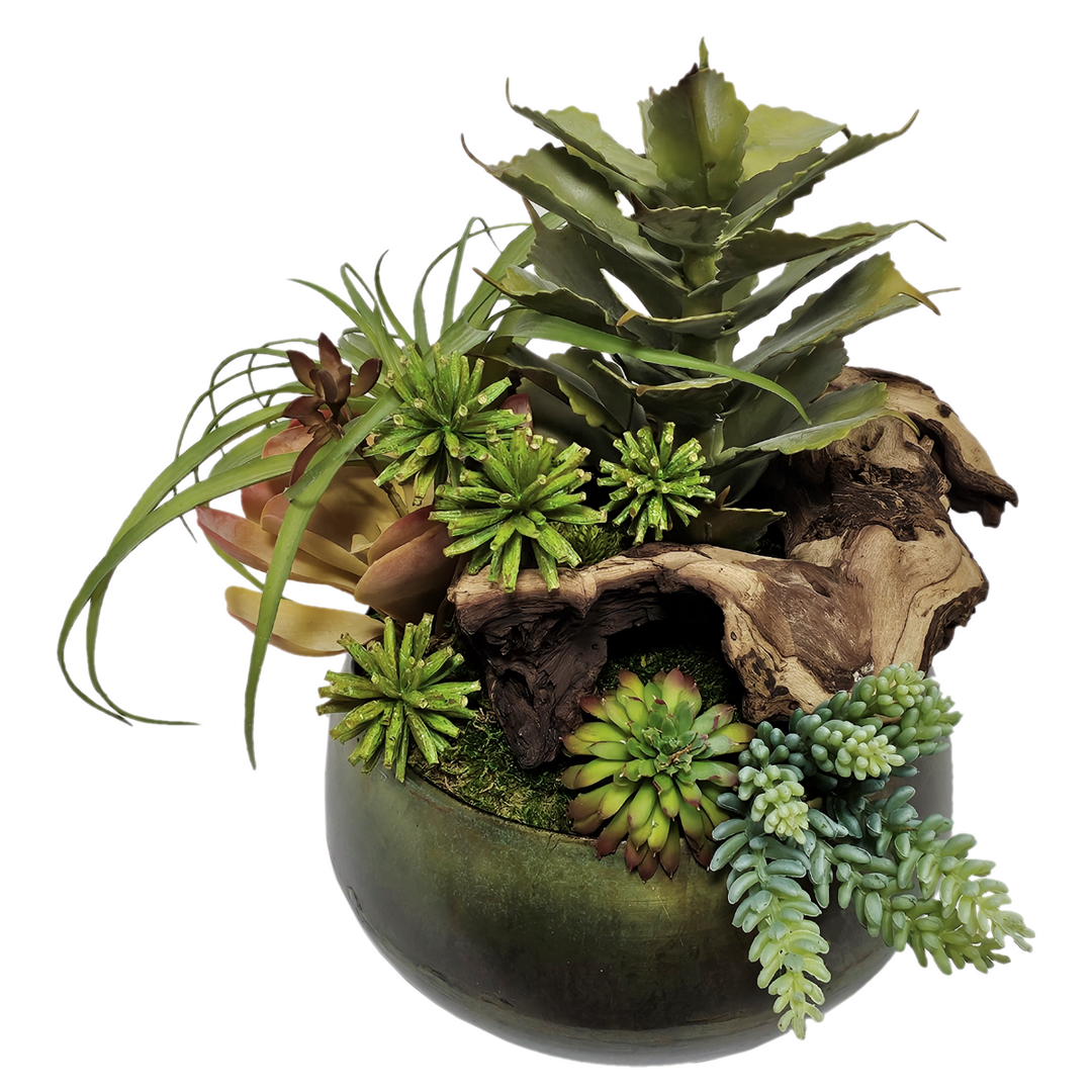 Tillandsia, Sedum, and Allium with Wood Fragments Metal Bowl.  FH: 14"