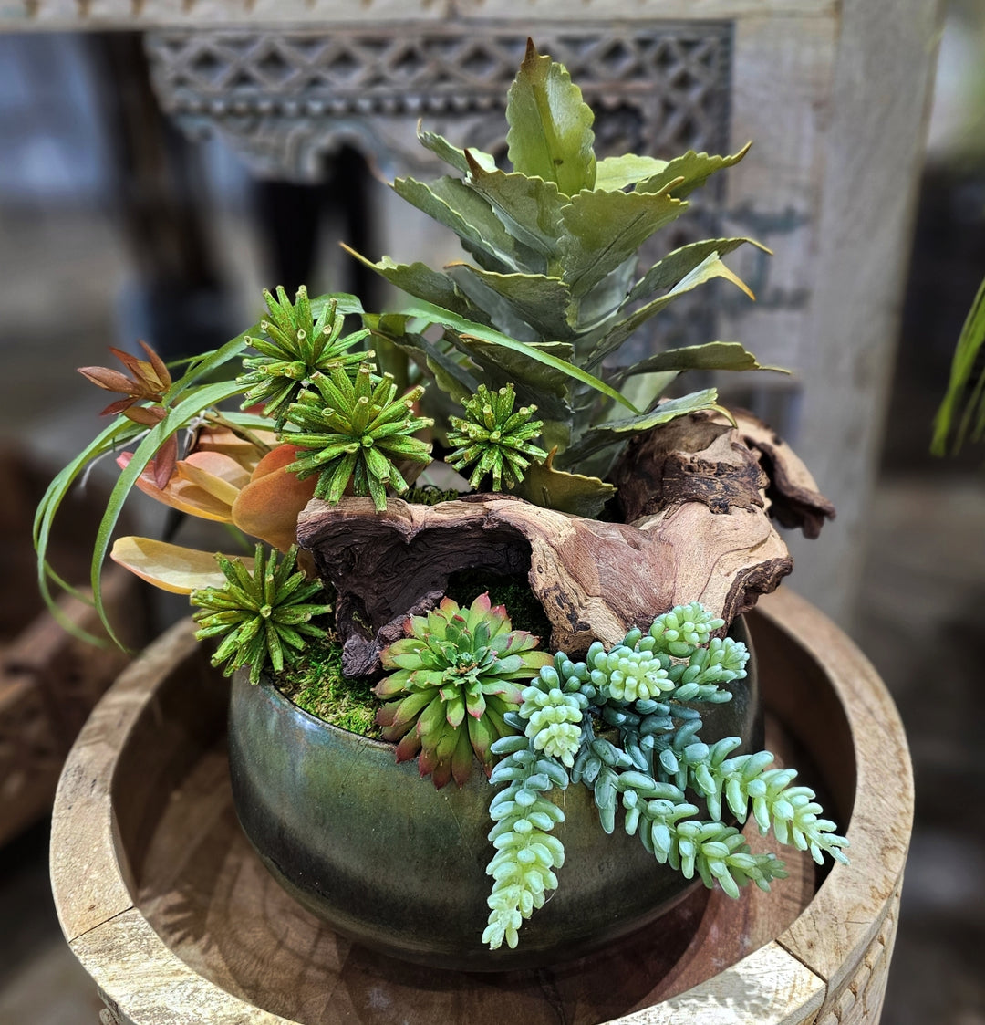 Tillandsia, Sedum, and Allium with Wood Fragments Metal Bowl.  FH: 14"