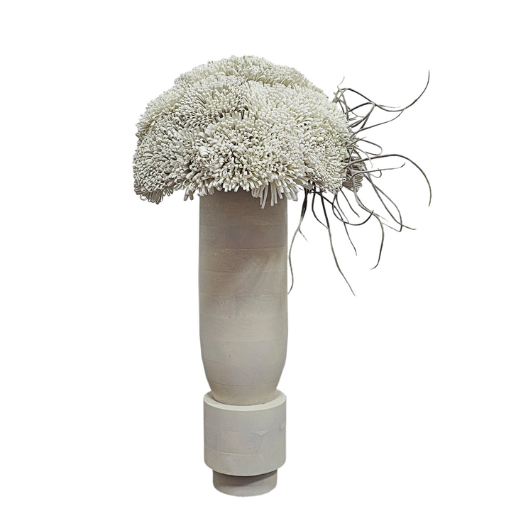 Foam Flowers with Tillandsia in Wood Vase FH: 31"