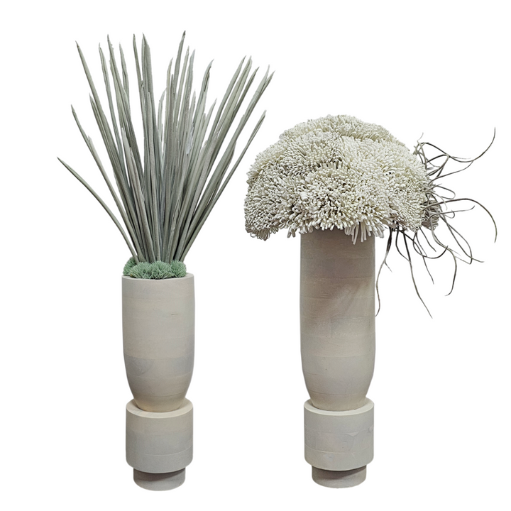 Foam Flowers with Tillandsia in Wood Vase FH: 31"