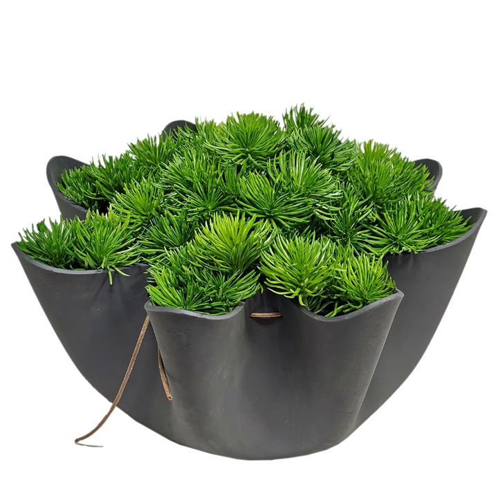 Green Grass Puffs in Charcoal Rubber Bowl.  FH: 10"