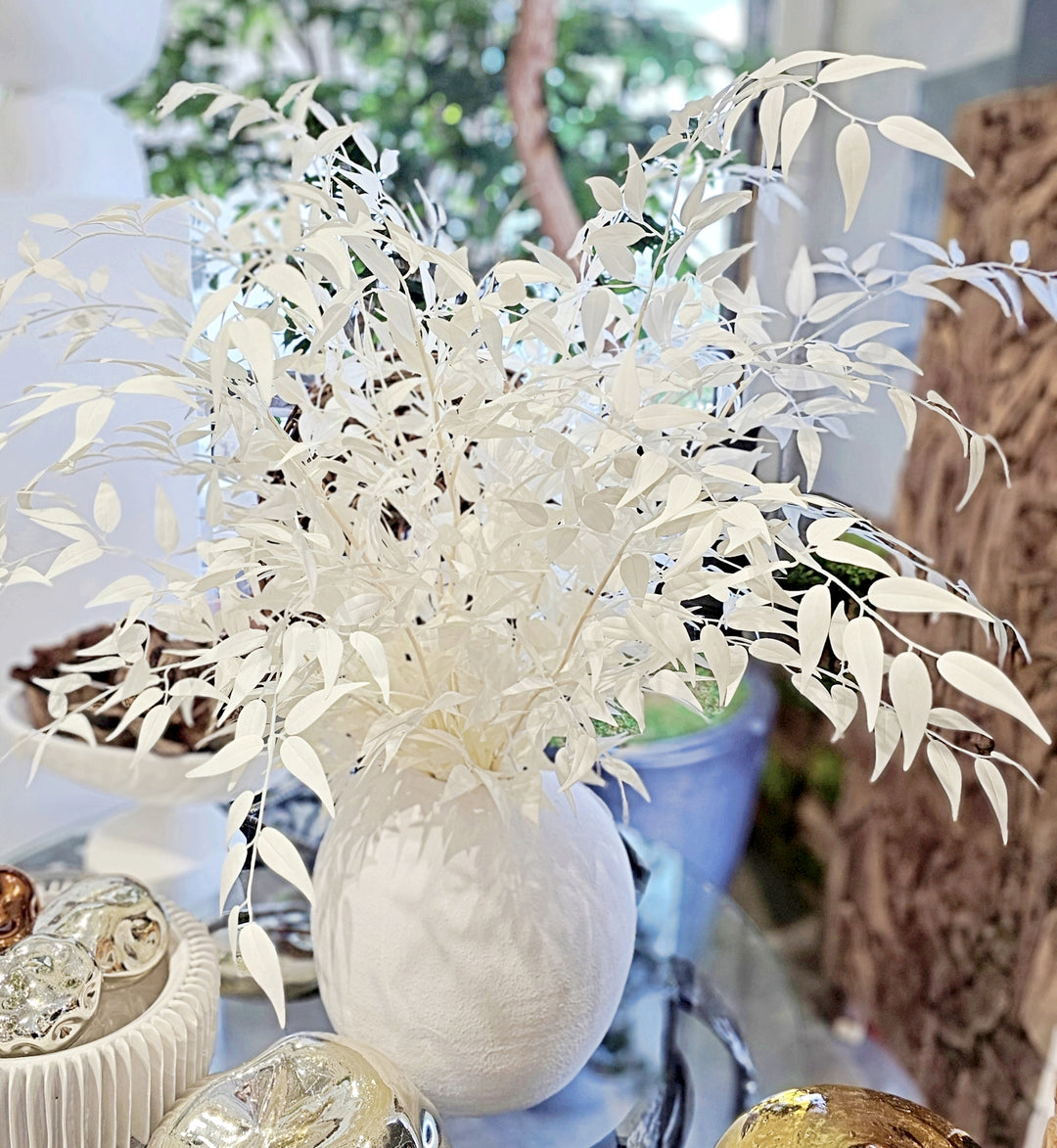 White Ruscus Branches in Textured Matte White Round Terra Cotta Vase  FH:  34"