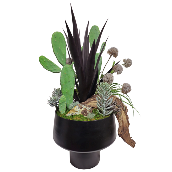 Speciman Wavelite Stone, Eggplant Agave, Pear Cactus with Mixed Succulents in Round Footed Metal Container. FH:30"H