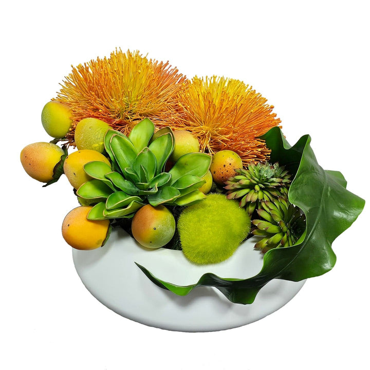 Sea Urchin with Fruit and Succulents in Matte Ceramic Bowl. FH: 11"H