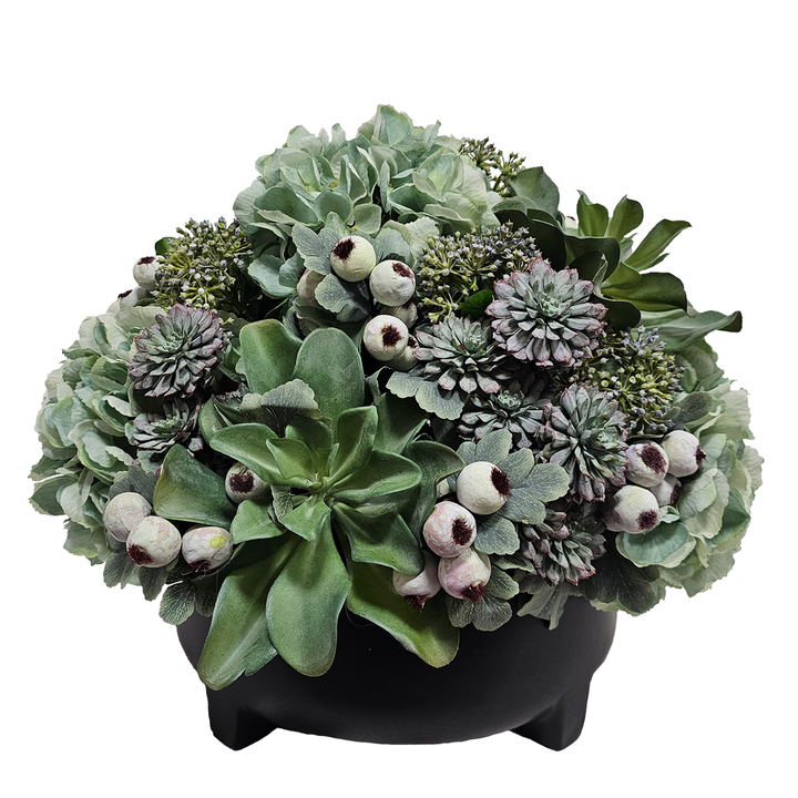 Hydrangeas with Sedum and Succulents in Black Ceramic Bowl. FH: 15"H