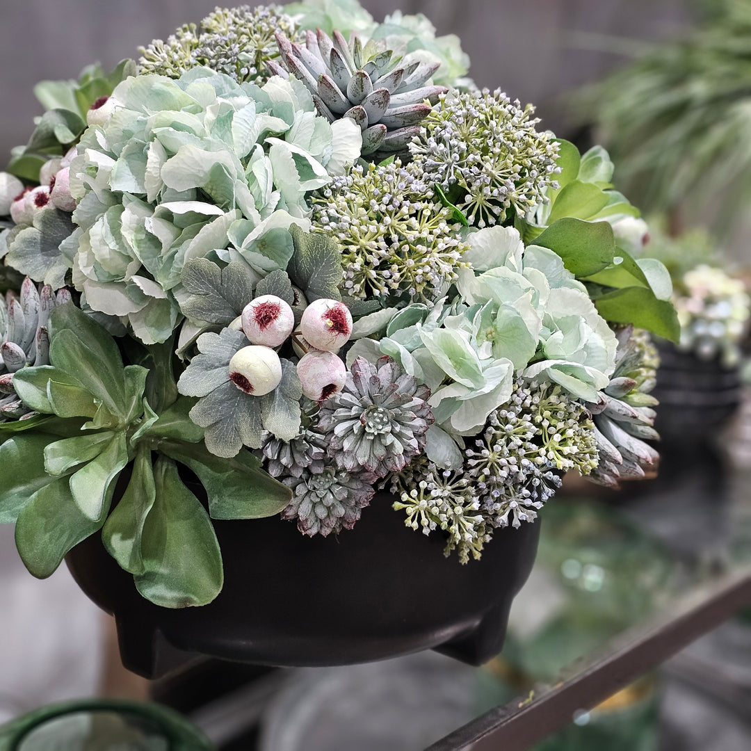 Hydrangeas with Sedum and Succulents in Black Ceramic Bowl. FH: 15"H