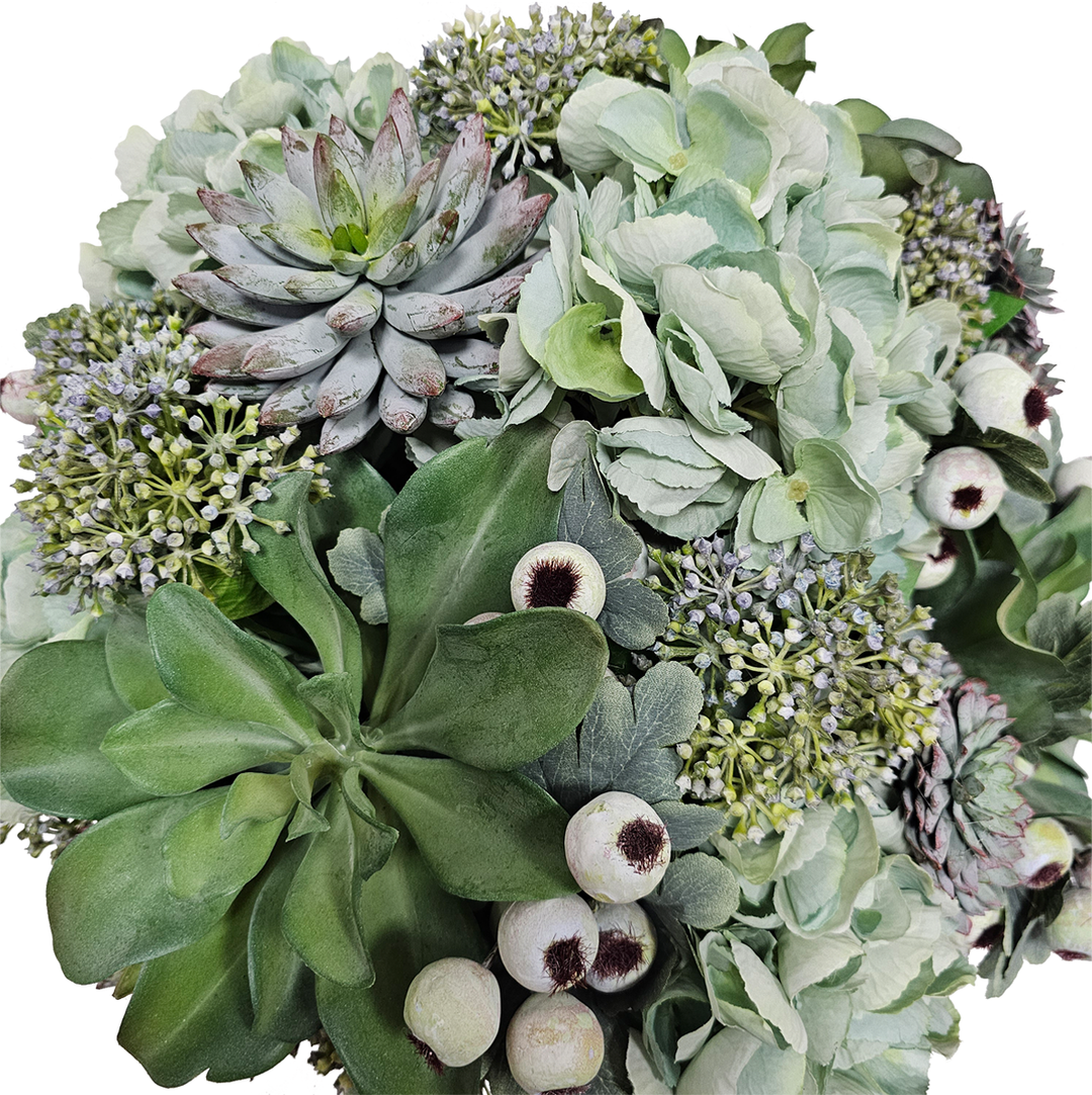 Hydrangeas with Sedum and Succulents in Black Ceramic Bowl. FH: 15"H