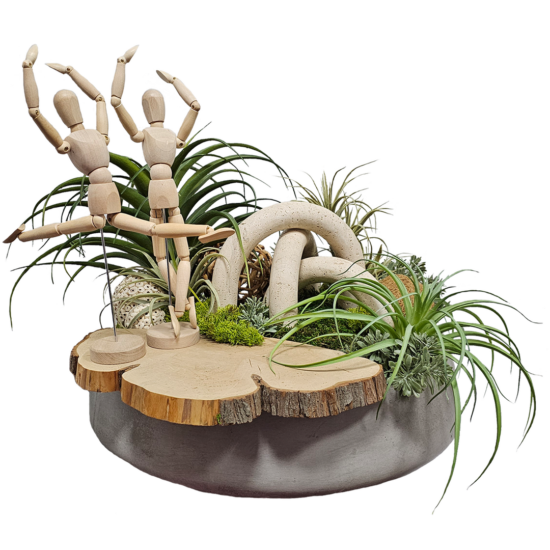 Marble Arches with Tillandsia, Natural Fiber Spheres with Wood Slice and Posable People in Concrete Bowl  20"H