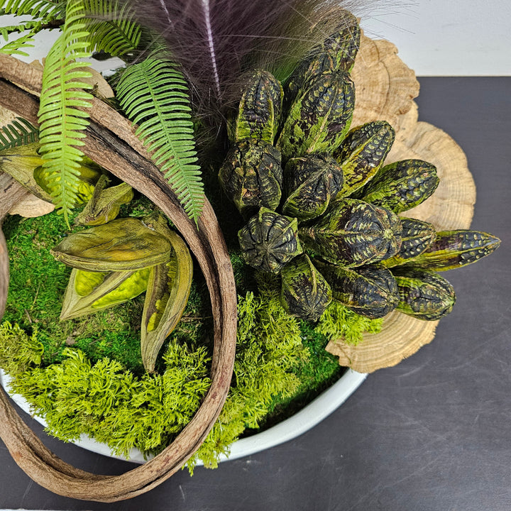 Mahogany, Sora Pods, Twisted Vine and Pampass in Round Low Bowl 19"H