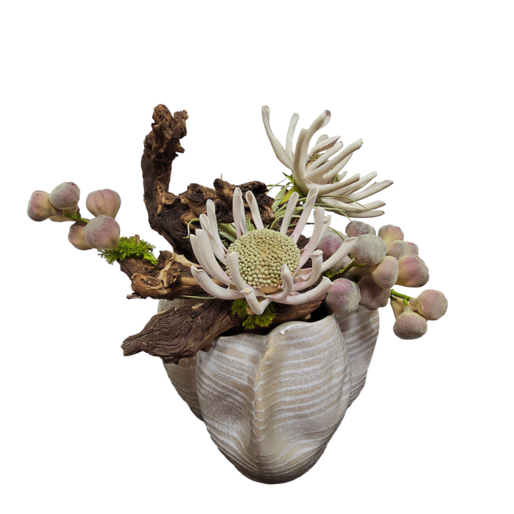 Wood Fragments, Flowers and Figs in Organic Beige Striped Ceramic Vase  18"H